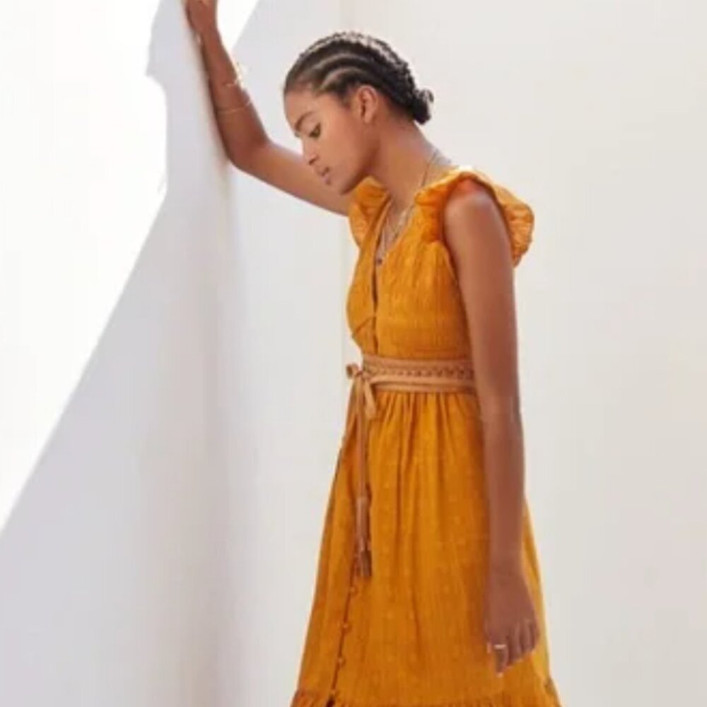 Anthropologie Mustard/Gold smocked ruffled midi dress